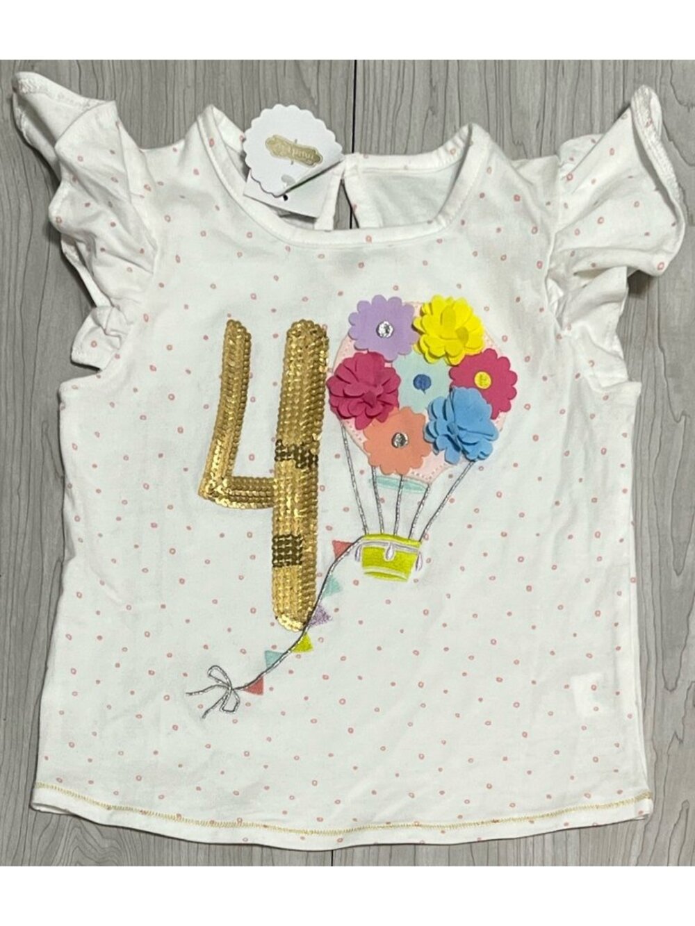 Mud Pie 4T NWT Birthday 4 FOUR 4th bday shirt gold sequin Hot Air Balloon floral
